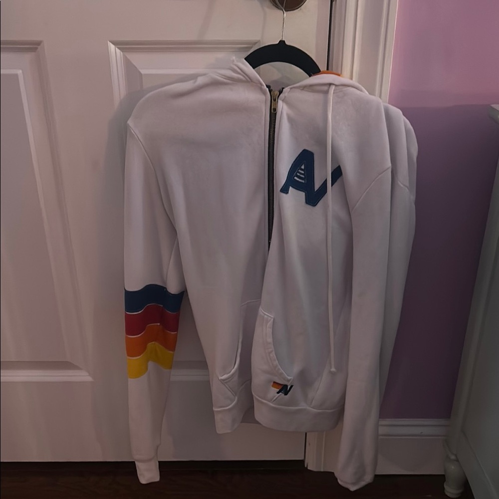 Aviator Nation White Hoodie with Multicolor Stripes